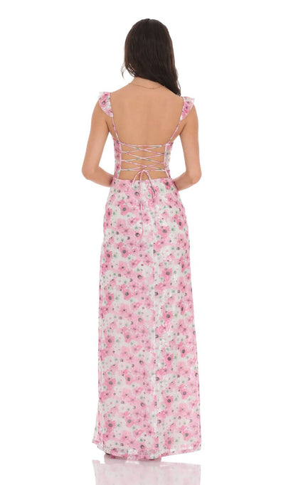 Lucy in the Sky Lace Floral Ruffle Sleeve Maxi Dress in Pink and White