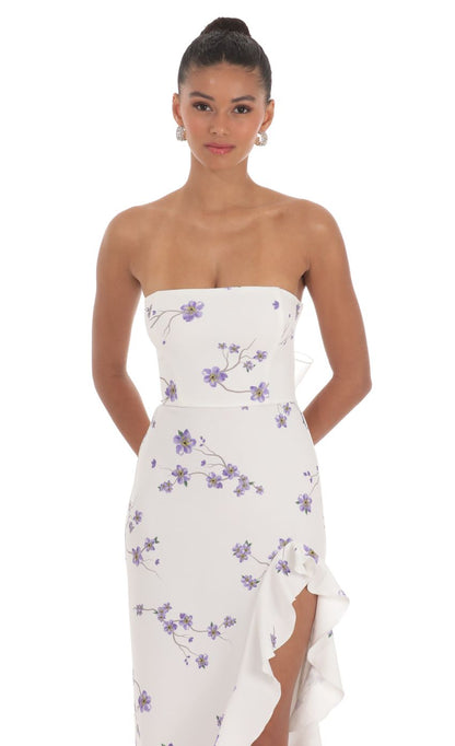 Lucy In The Sky Strapless Back Bow Corset Maxi Dress in Lavender
