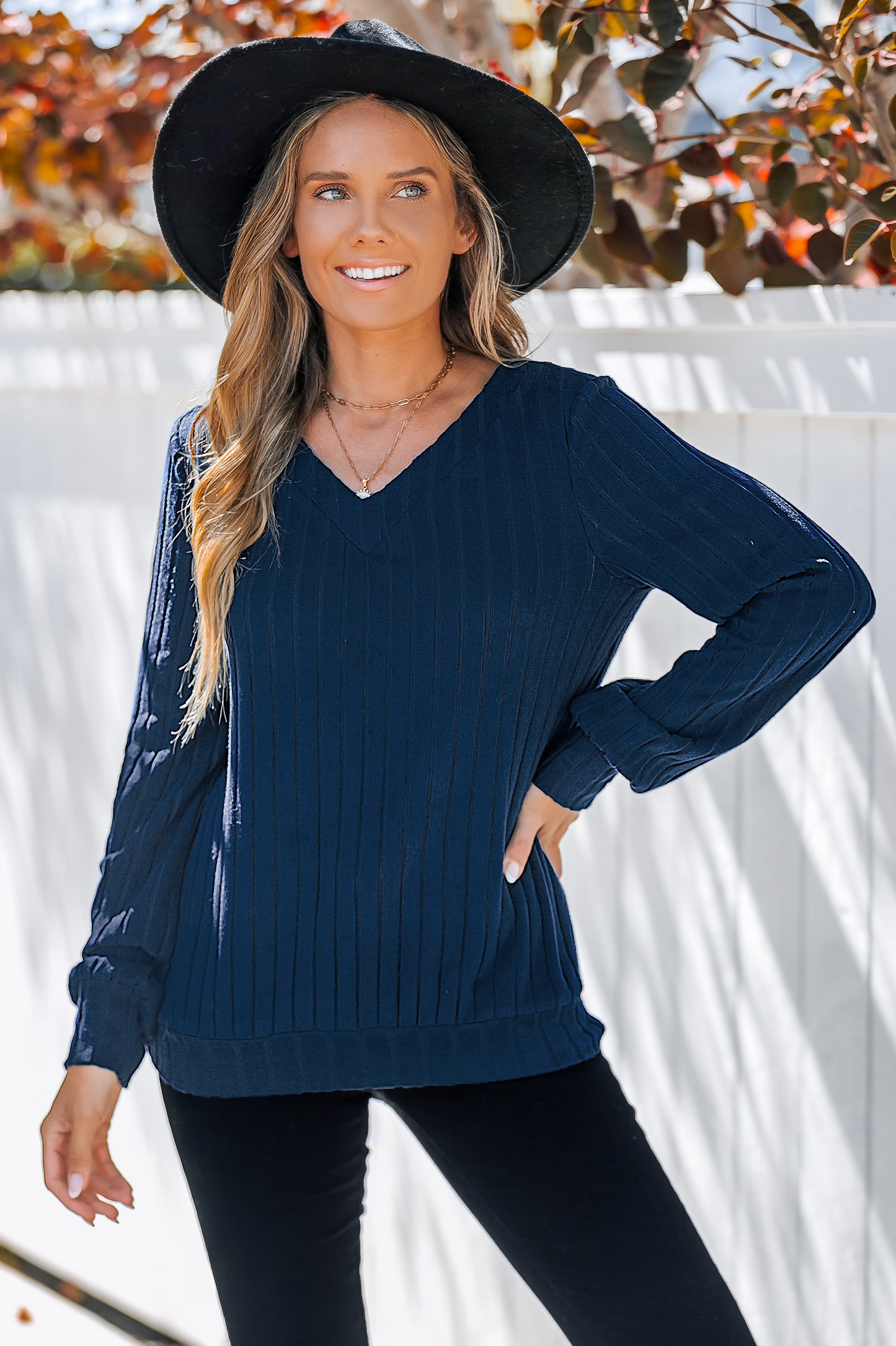 Cupshe Cobalt Blue Ribbed Knit V-Neck Long Sleeve Top (x2)