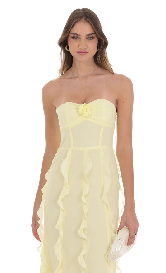 Lucy In The Sky Chiffon Rossette Ruffle Maxi Dress in Yellow