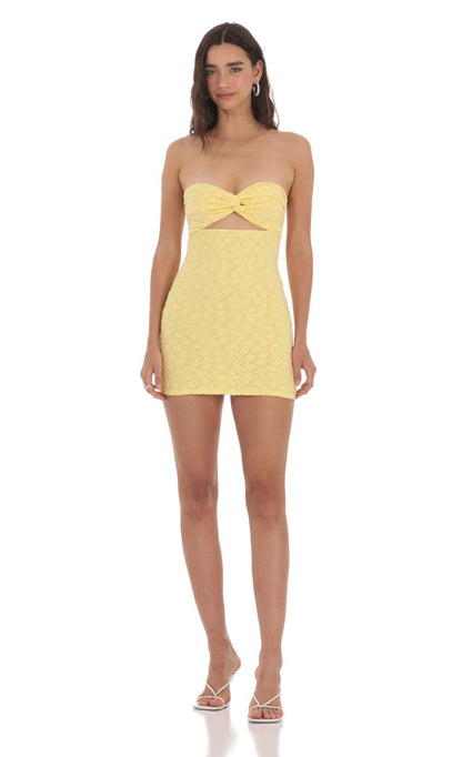 Lucy In The Sky Textured Floral Cutout Dress in Yellow