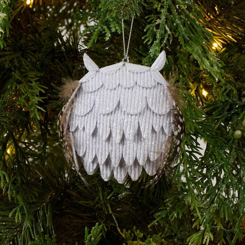 Cracker Barrel White Glitter Owl with Feathers Ornament