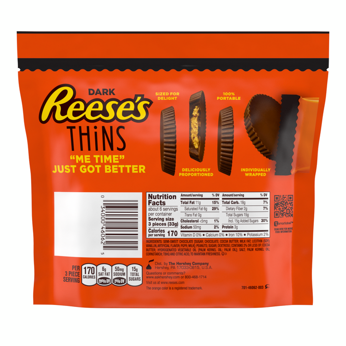 REESE'S THiNS Dark Chocolate Peanut Butter Cups Snack Size 7.37oz Candy Bag