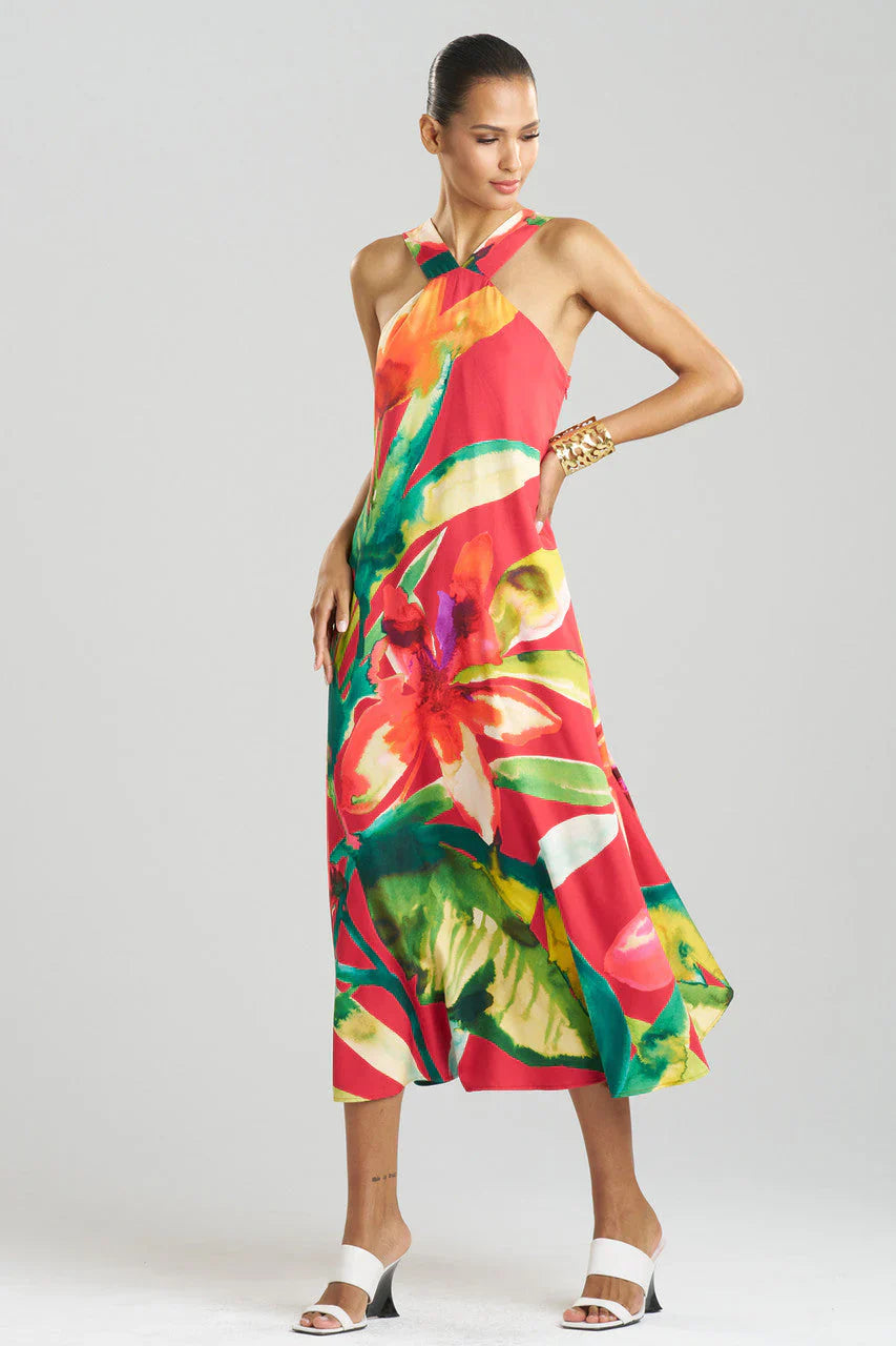 NATORI Mallorca Printed Cotton Silk Halter Dress