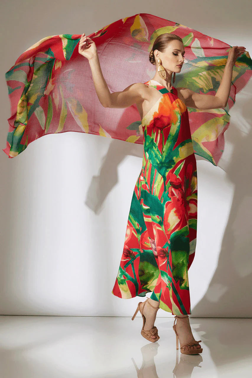 NATORI Mallorca Printed Cotton Silk Halter Dress