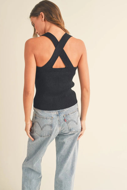 Ruby & Jenna Women's Metallic Knitted Cross Back Top