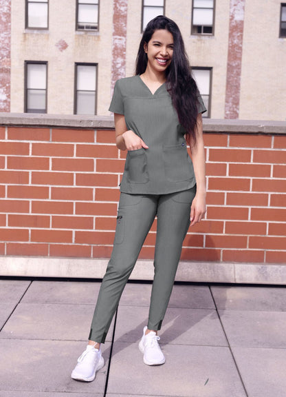 Adar Women’s Sweetheart V-neck Scrub Top - Heather Hunter - Heather Coffee - Heather Grey