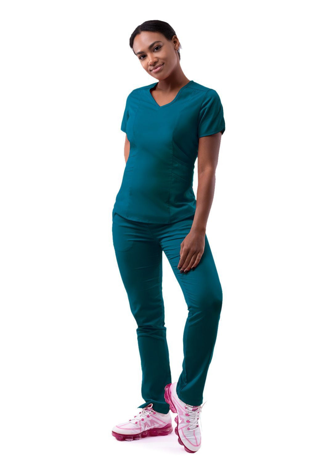 Adar Women's Modern V-Neck Scrub Top - Apple - Black - Caribbean Blue