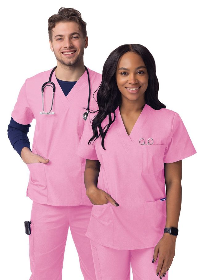 Adar Unisex V-Neck 3 Pocket Top  - Teal Blue - Soft Pink - White