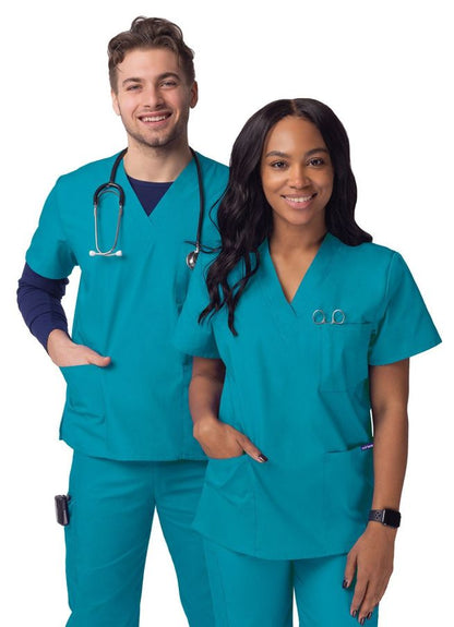 Adar Unisex V-Neck 3 Pocket Top  - Teal Blue - Soft Pink - White