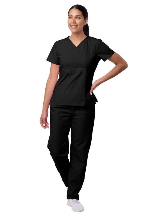 Adar Women's Mock Wrap Top/Cargo Pant Scrub Set - Black - Burgundy - Caribbean Blue