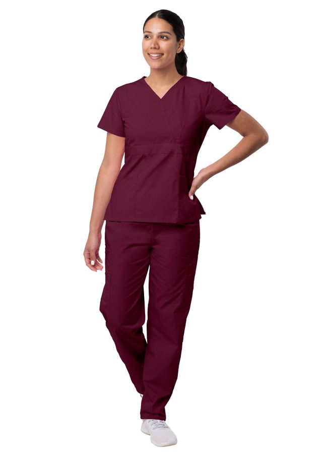 Adar Women's Mock Wrap Top/Cargo Pant Scrub Set - Black - Burgundy - Caribbean Blue