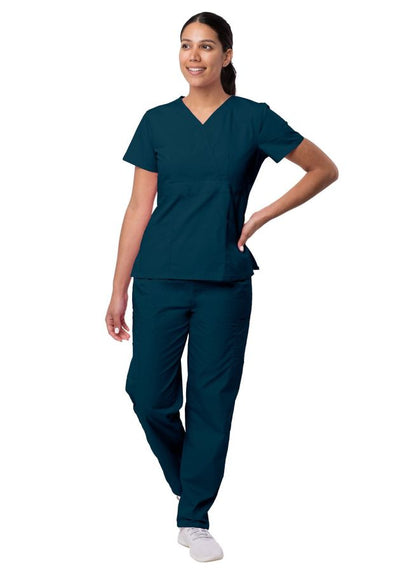 Adar Women's Mock Wrap Top/Cargo Pant Scrub Set - Black - Burgundy - Caribbean Blue