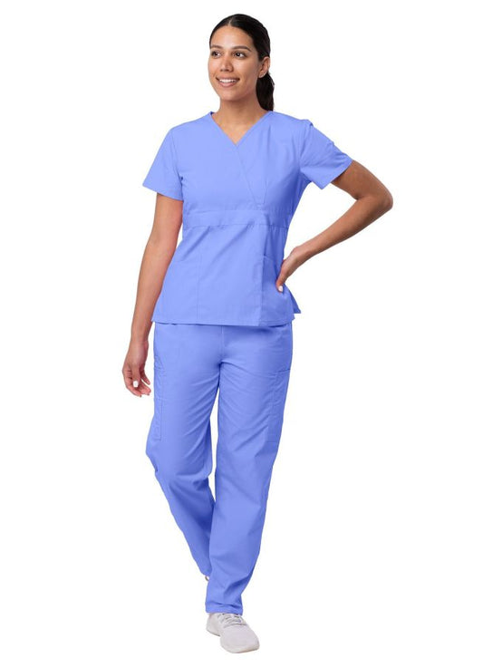 Adar Women's Mock Wrap Top/Cargo Pant Scrub Set - Ceil Blue - Hunter Green - Khaki