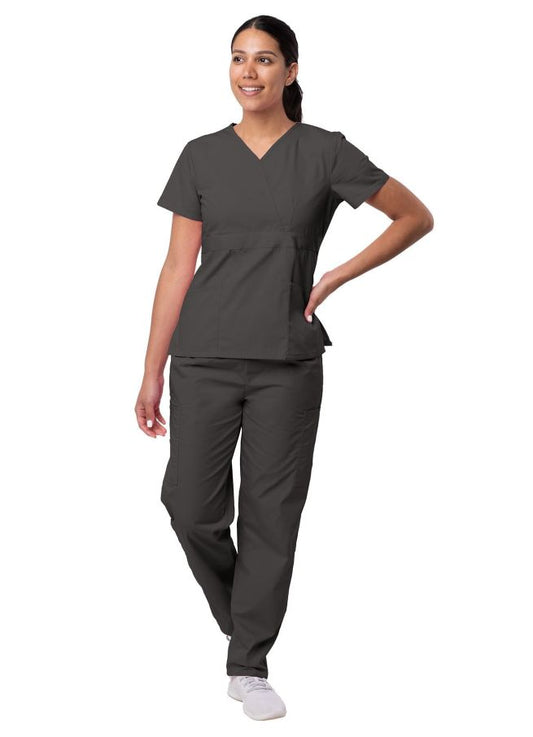 Adar Women's Mock Wrap Top/Cargo Pant Scrub Set - Charcoal - Turquoise - White