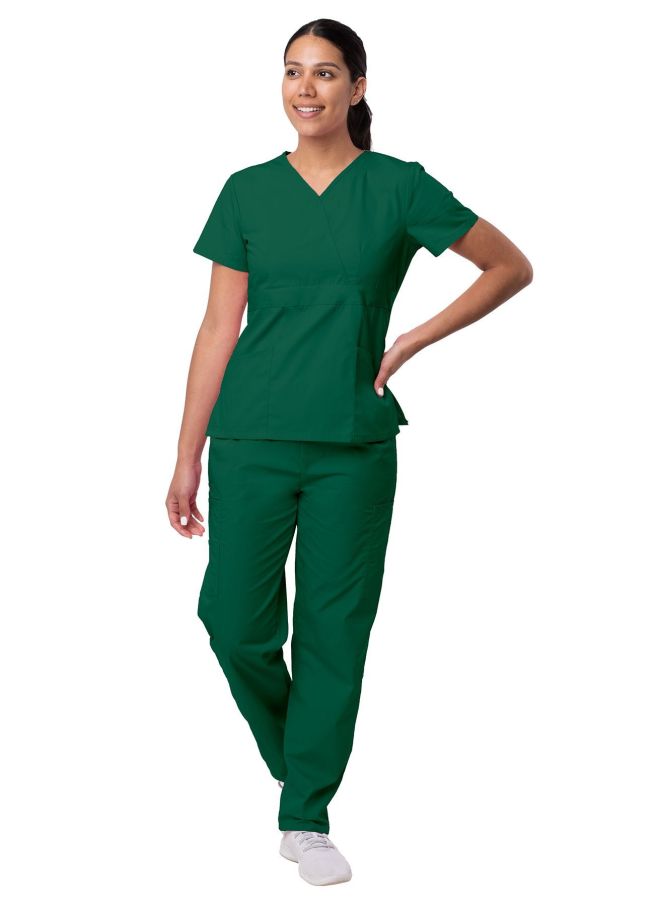 Adar Women's Mock Wrap Top/Cargo Pant Scrub Set - Ceil Blue - Hunter Green - Khaki