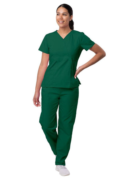 Adar Women's Mock Wrap Top/Cargo Pant Scrub Set - Ceil Blue - Hunter Green - Khaki
