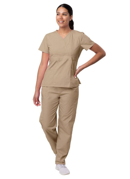 Adar Women's Mock Wrap Top/Cargo Pant Scrub Set - Ceil Blue - Hunter Green - Khaki