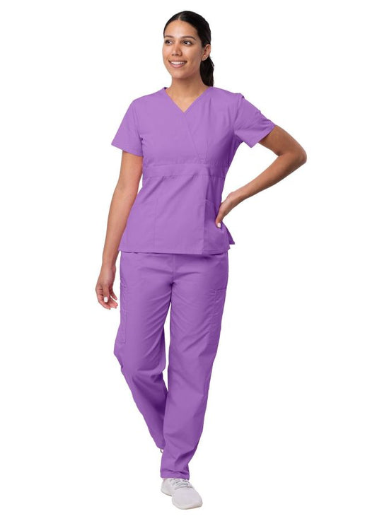 Adar Women's Mock Wrap Top/Cargo Pant Scrub Set - Lavender - Mandarin Orange - Navy