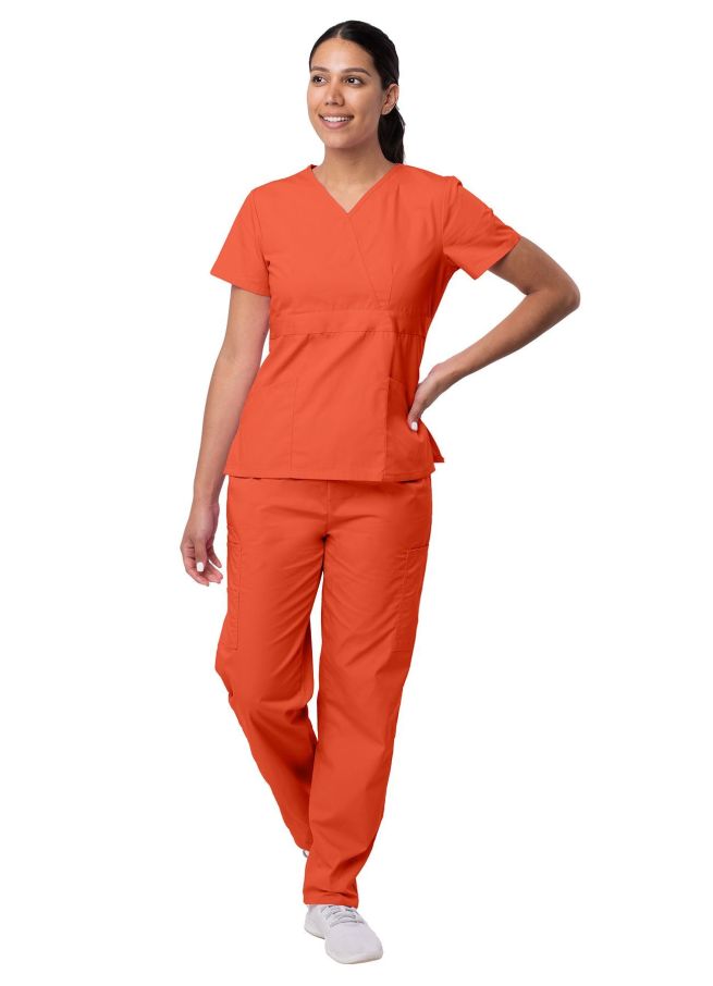 Adar Women's Mock Wrap Top/Cargo Pant Scrub Set - Lavender - Mandarin Orange - Navy