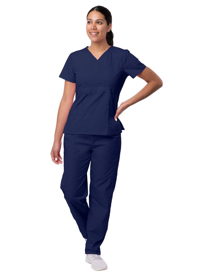 Adar Women's Mock Wrap Top/Cargo Pant Scrub Set - Lavender - Mandarin Orange - Navy
