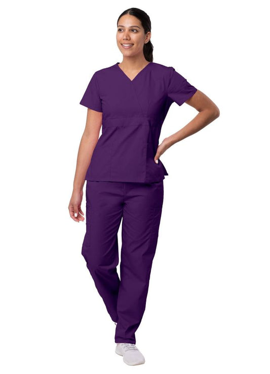 Adar Women's Mock Wrap Top/Cargo Pant Scrub Set - Purple -Royal Blue - Sherbet