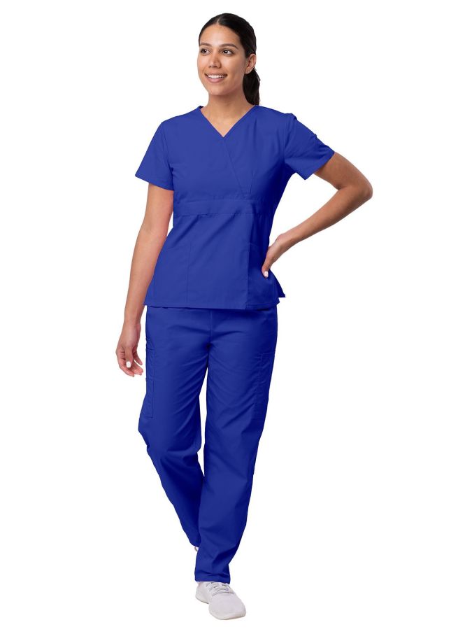 Adar Women's Mock Wrap Top/Cargo Pant Scrub Set - Purple -Royal Blue - Sherbet