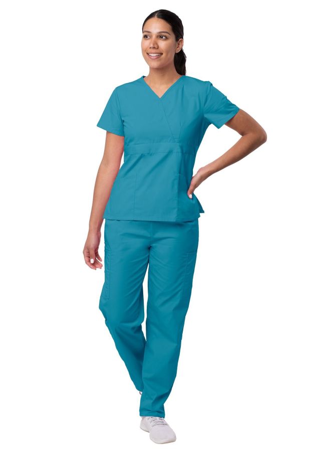 Adar Women's Mock Wrap Top/Cargo Pant Scrub Set - Charcoal - Turquoise - White