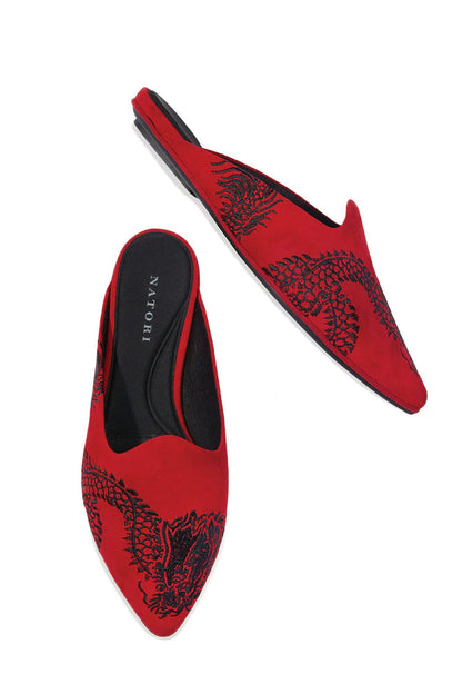 Natori Image Suede Dragon Embroidery Slide - Brocade Red Suede